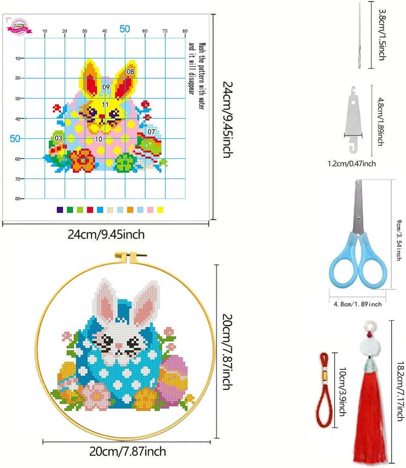 Zhenqing Zhenging Easter Cross Stitch Kit with 4 Bunny & EggPatterns -9.45x9.45 Inch Hoop, Pre-Printed Fabric,Threads, Tools -DlY Easter Craft Gift for Adults, HomeDecor - Image 2
